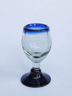 Wholesale MEXICAN GLASSWARE / Cobalt Blue Rim 2 oz Tulip Stemmed Tequila Sippers  / These stemmed tequila sipping glasses are like mini wine glasses. Made of authentic recycled glass.